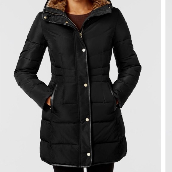 Faux-Fur-Lined Down Puffer Coat Small/Petite Black